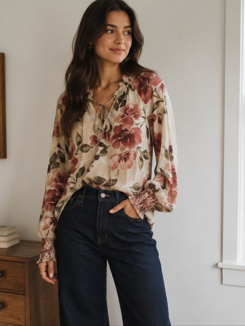 NWT- Joie Cream Floral Tie-Neck Blouse with Rose Accents